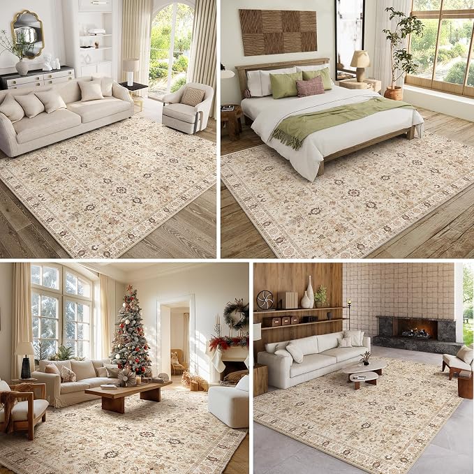 Washable Rugs for Living Room: 8x10 Area Rugs for Bedroom Ultra Soft Non-Slip Stain Resistant Vintage Boho Large Carpet for High-Traffic Dining Room - Farmhouse Decor