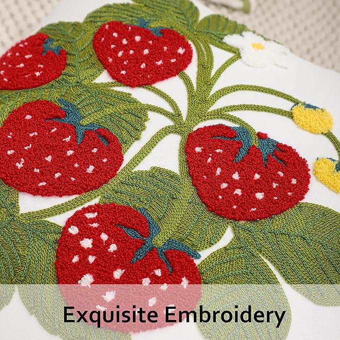 Embroidered Throw Pillow Covers 18x18 inch Pack of 2 Red Strawberry with Green Leaves Floral Pillowcases Farmhouse Pillow Cushion Cases Spring Summer Home Decor for Sofa Bed Living Room