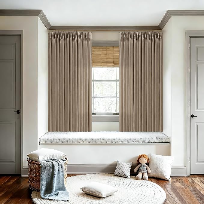 Pinch Pleated Thick Linen Curtains 72 Inches Length Latte Light Brown Rustic Light Filtering Flax Linen Drapes for Living Room Bedroom Memory Trained Pleat Curtain 2 Panels for Cabinet W50xL72