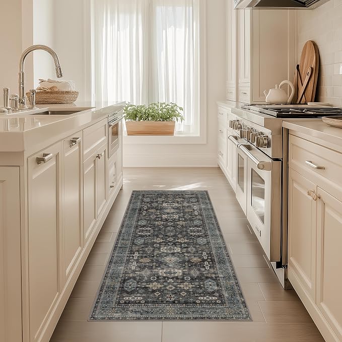 Ruaruarug Washable Area Rug Runner 2×6 for Kitchen Living Room Bedroom, Ultra Soft Non Slip Stain & Fade Resistant, Pet & Kids Friendly, Suitable for High Traffic Areas Easy to Clean, Silver