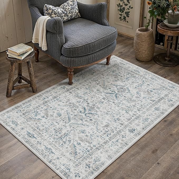PureCozy Blue 3x5 Entryway Rug Vintage Area Carpet Indoor Office Washable Door Mat Entrance Small Low Pile Traditional Distressed Retro Accent Throw Rug Non Slip Kitchen Bathroom