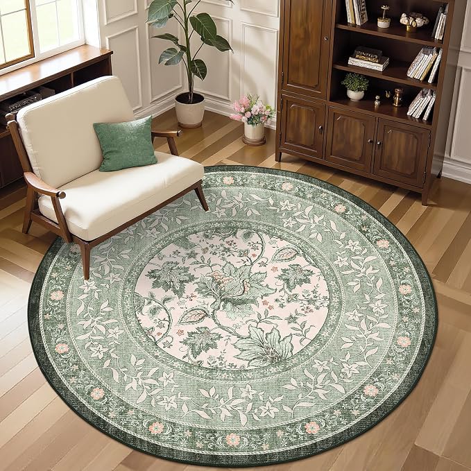 GarveeHome Sage Green Botanical Grove 5ft Round Rug, Small Circle Vintage Cottagecore Soft Low-Pile Non-Slip Washable Rugs for Living Room Bedroom Nursery Kitchen Retro Carpet