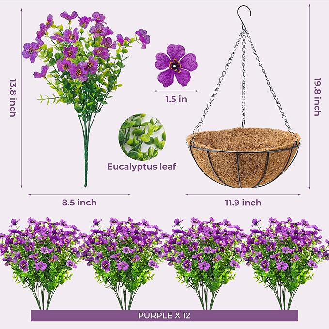 Der Rose Artificial Hanging Flowers Basket for Outdoors Fake Hanging Plants Spring Summer Decoration UV Resistant for Garden Front Porch Patio Balcony Decor