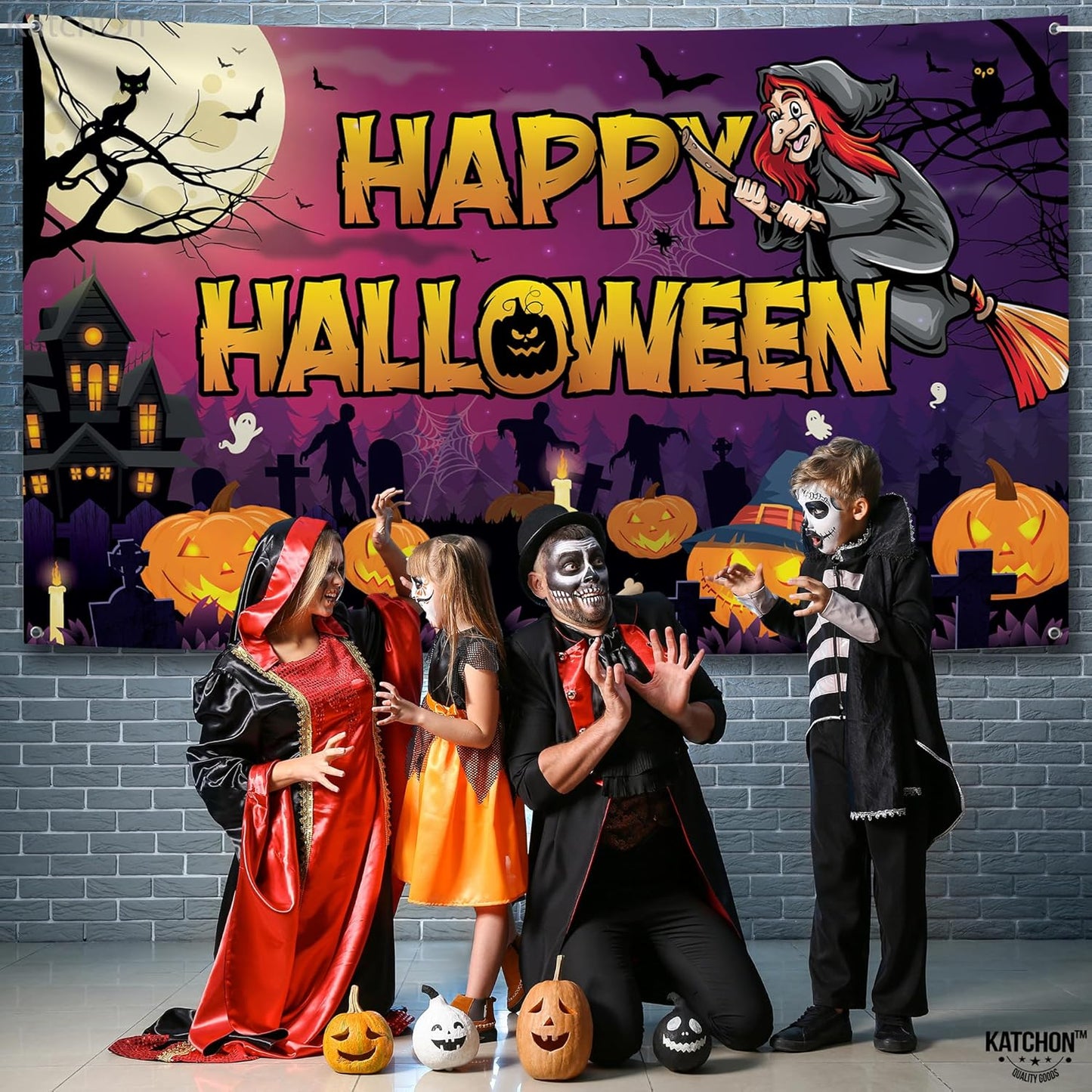 KatchOn Spooky Happy Halloween Banner - XtraLarge, 72x44 Inch | Pumpkin Halloween Backdrop for Purple & Orange Decorations | Witch Backdrop for Party Decorations