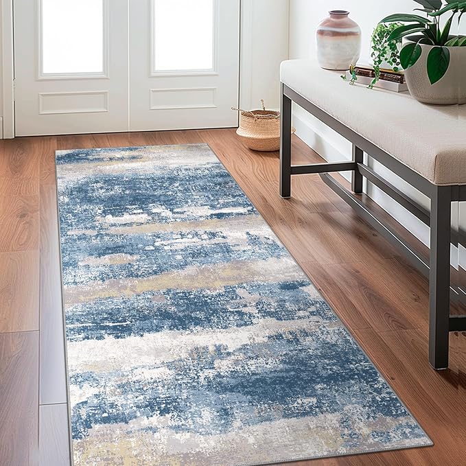 BEIMO Runner Rug for Hallway Kitchen 2x10 Machine Washable Runners Rug for Entryway, Blue Cream Soft Modern Abstract Throw Rugs, Floor Carpet with Non Slip Rubber Backing
