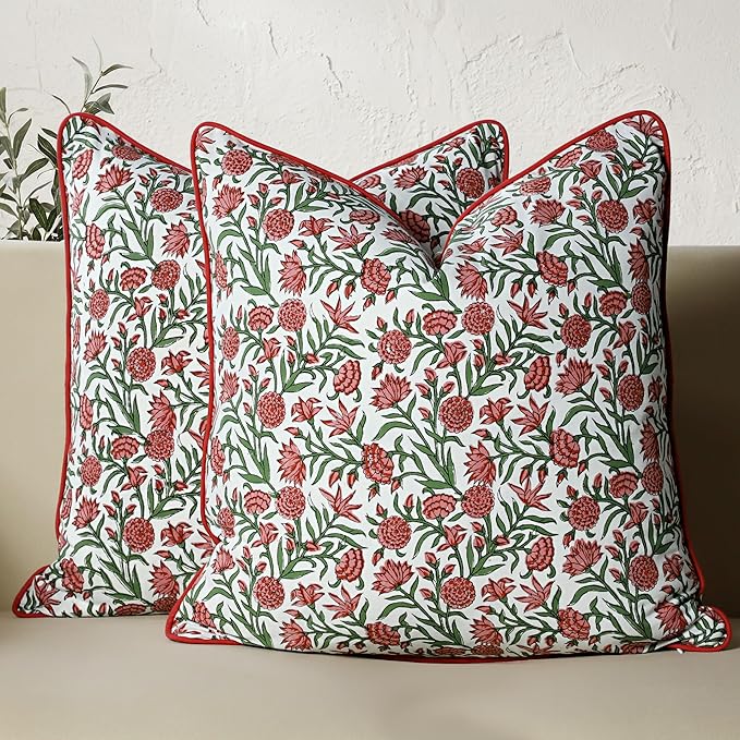 CPC 100% Cotton Throw Pillow Covers 24x24 Inch, Set of 2 Red Block Print Pattern Couch Pillow, Cute Boho Decorative Pillows for Living Room, Bedroom with Hidden Zipper- Red Garnet