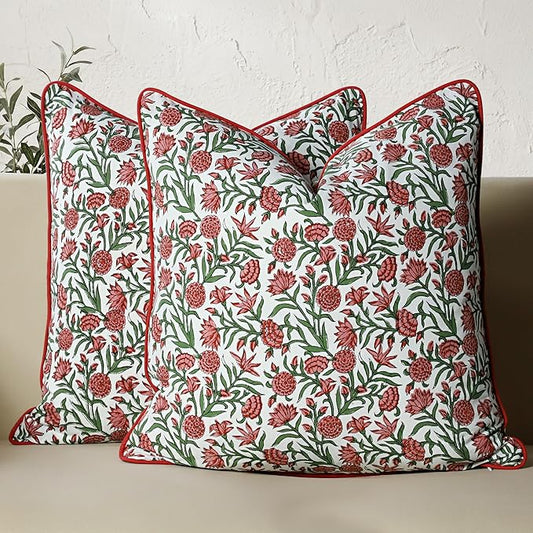 CPC 100% Cotton Throw Pillow Covers 20x20 Inch, Set of 2 Red Block Print Pattern Couch Pillow, Cute Boho Decorative Pillows for Living Room, Bedroom with Hidden Zipper- Red Garnet