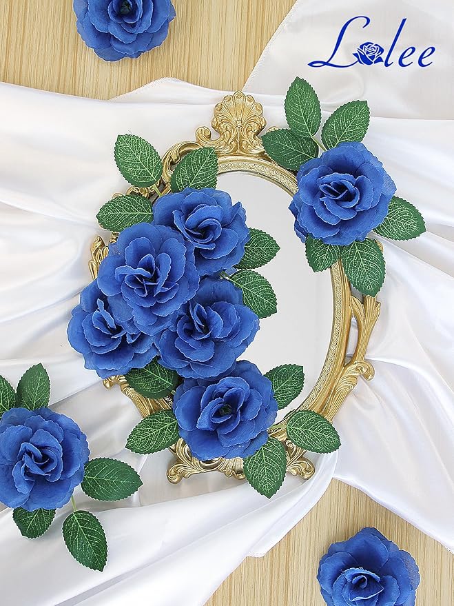 LELEE 108pcs Roses Head Flowers with Stem - Royal Blue Artificial Flowers Rose Bulk - Silk Rose Fake Flower for Wedding Bouquet Party Home Decor DIY Baby Shower Centerpieces Tables Decoration