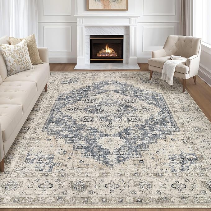 7x9 Area Rug Living Room: Washable Boho Large Neutral Vintage Soft Rug Stain Resistant Distressed Farmhouse Non-Slip Indoor Floor Carpet for Bedroom Nursery Kids Office Dining Room- Brown Blue