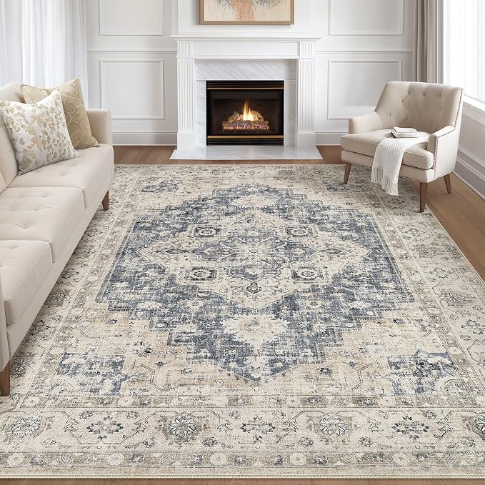 9x12 Area Rug Living Room: Washable Boho Large Neutral Vintage Soft Rugs Stain Resistant Distressed Farmhouse Non-Slip Indoor Floor Carpet for Bedroom Nursery Kids Office Dining Room- Brown Blue