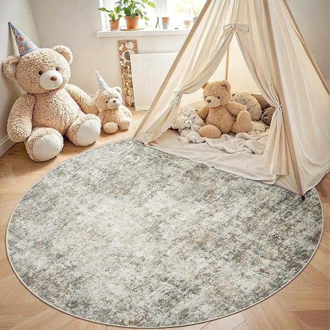 Round Rug 5ft Circle Rug Washable: Carpet Small Circular Area Rug for Entryway Kitchen Bedroom Dining Room Living Room 5 Feet Abstract College Dorm Non Slip Low Pile Beige Brown