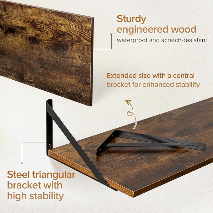 Acovy Deep Floating Shelves Wall Mounted, 55"x12" Brown Wood Shelves with Brackets Set of 2 for Bedroom, Living Room, Bathroom, Kitchen, Office - Storage & Display Shelf for Decor, Books, Plants