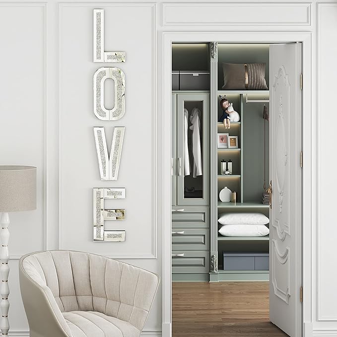 SHYFOY Mirrored Love Letters, 20" Crushed Diamond Wall Decor Large Size Crystal Mirror Set Sparkling Silver Home Decor Love Sign for Wedding Centerpiece Party Gift
