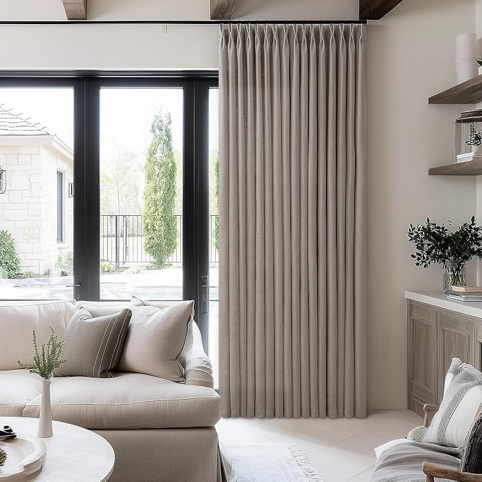Pinch Pleated Linen 96 Inch Curtains 50 Inch Width for Living Room Divider Light Filtering Thick Taupe Linen Extra Wide Patio Curtains for Sliding Door Balcony Floor to Ceiling Window 1 Panel