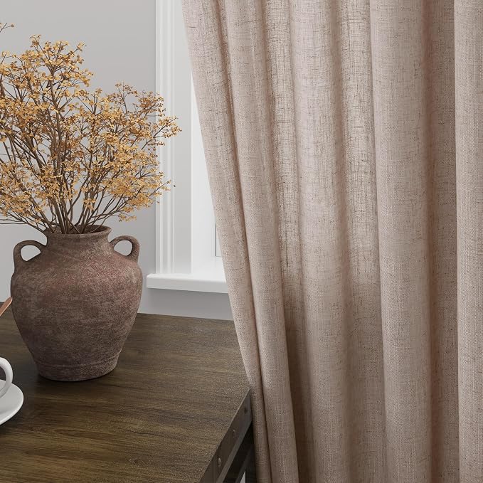 Oatmeal Linen 102 Inch Long Curtains for Living Room 2 Panels Back Tab Pocket Semi Sheer Light Filtering Curtains Bohemian Rustic Solid Color Drapes for Sliding Glass Door Bedroom 40x102 Inches