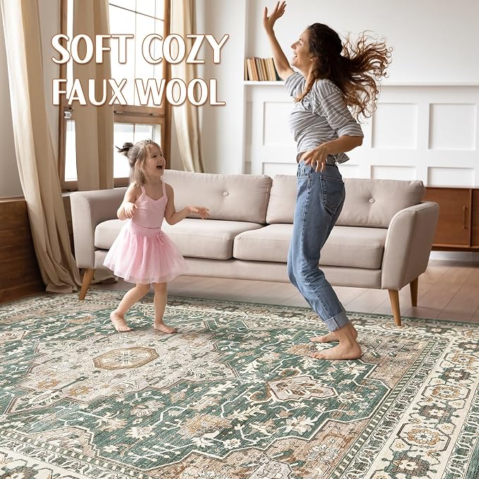 Green Rug Living Room Rugs: 10x12 Washable Boho Large Vintage Soft Stain Resistant Farmhouse Oriental Non Slip Indoor Floor Carpet for Bedroom Nursery Kids Playroom Office Dining Room Home Decor