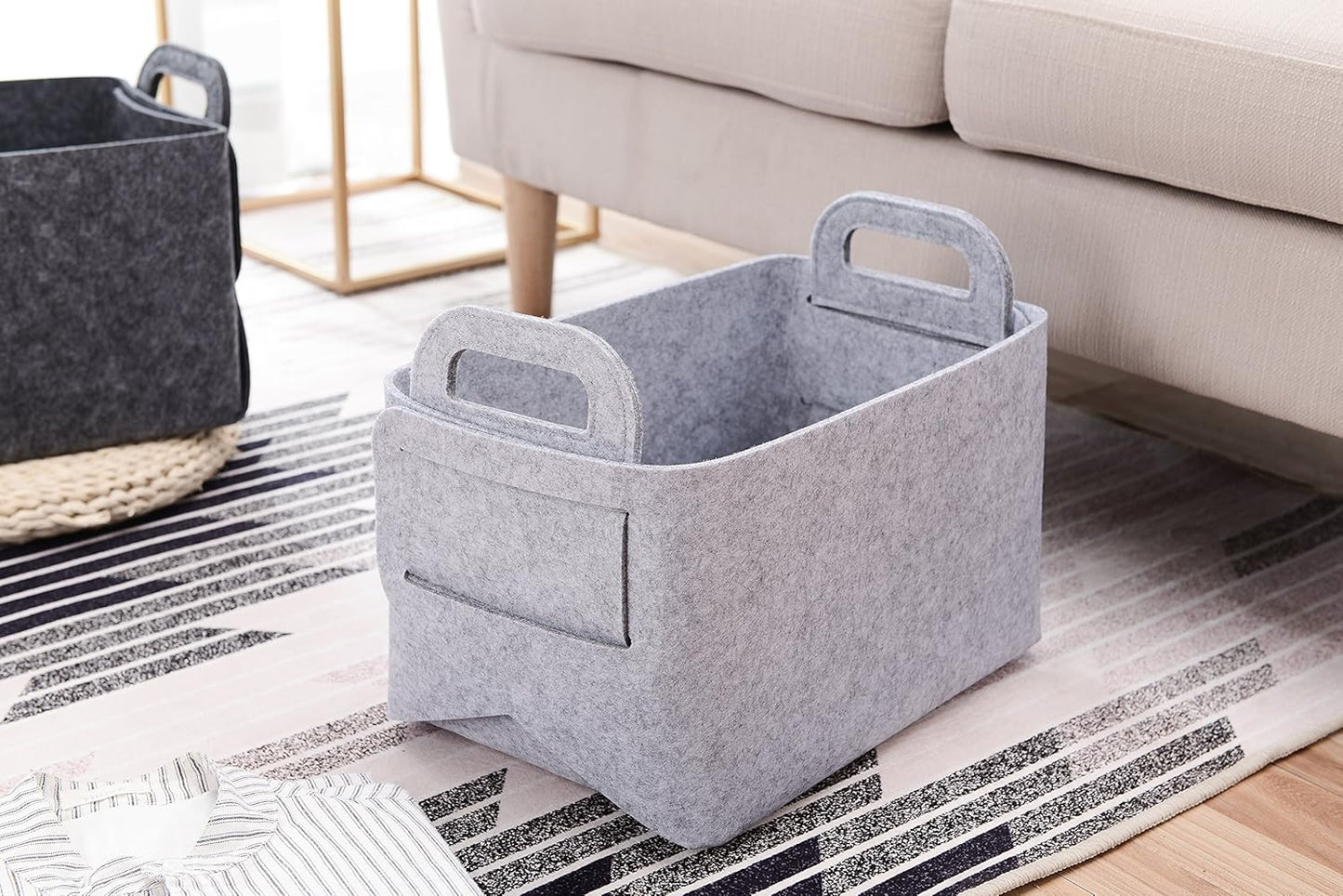 Storage Basket Felt Storage Bin Collapsible& Convenient Box Organizer with Carry Handles for Office Bedroom Closet Babies Nursery Toys Laundry (Light grey, 13.8inch（L）×9.5inch（W）×8.3inch（H）)