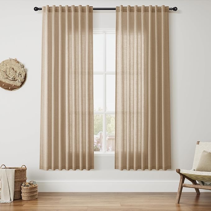 Nanspring Sand Beige Curtains 72 Inch Length for Living Room Burlap Linen Textured Light Filtering Semi Sheer Curtains Back Tab Privacy Luxury Simple Modern Curtain for Bedroom 52x72, 2 Panels