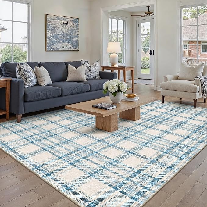 9x12 Blue Area Rug for Living Room Bedroom Soft Low Pile Checkered Large Carpet Modern Accent Non Slip Rug for Dining Room Nursery Office Indoor