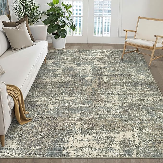 6x9 Area Rugs Living Room: Washable Large Neutral Rug Abstract Soft Modern Stain Resistant Indoor Floor Non-Slip Carpet for Bedroom Nursery Kids Office Playroom Dining Room- Green Brown