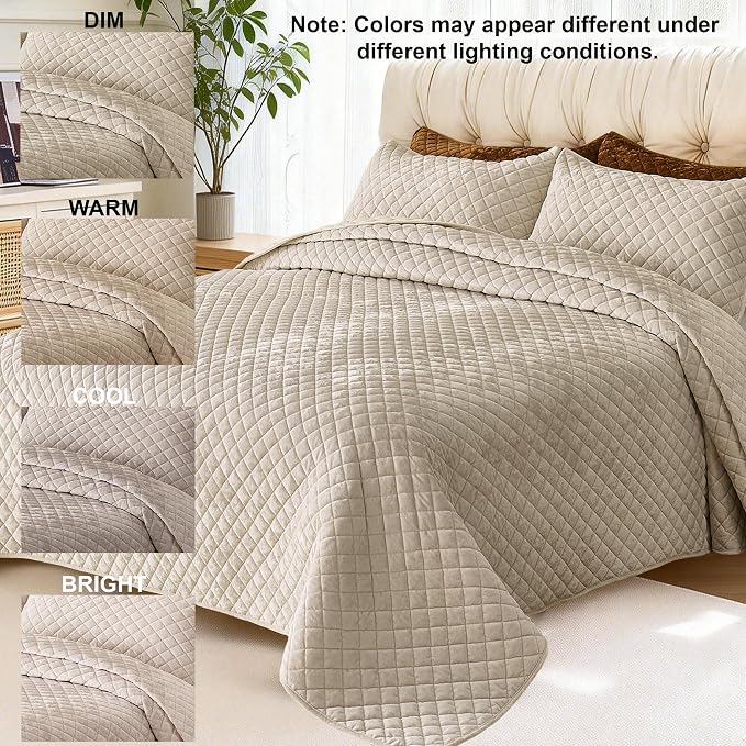 Velvet King Quilt Size Set 98x106 Luxury Ultra Soft Bedspread Coverlet 3-Piece King Comforter Sets with 2 Pillow Shams 20x36 Super Cozy for All Seasons Velvet Bedding Set, Beige