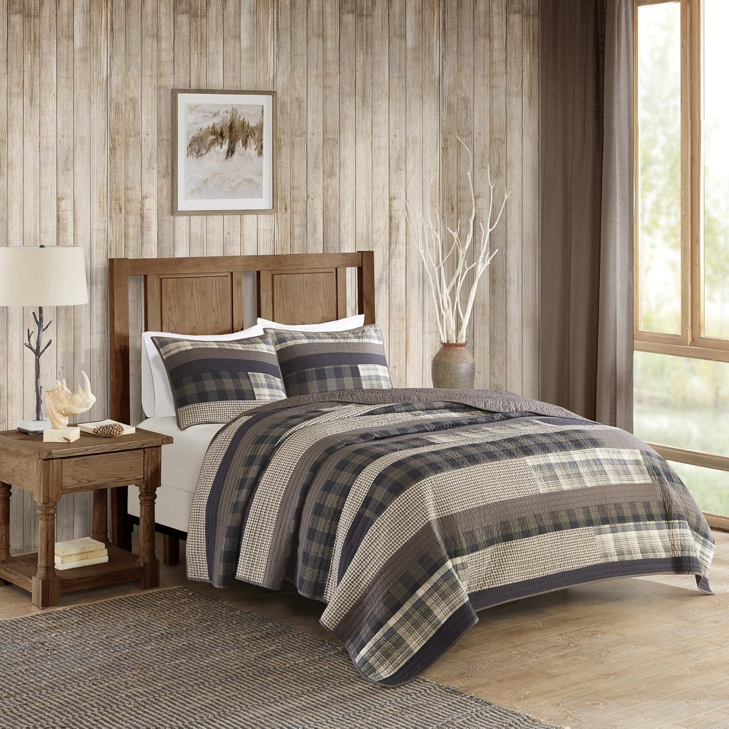 Woolrich Winter Plains Reversible Quilt Set - Cottage Styling Reversed to Solid Color, All Season Lightweight Coverlet, Cozy Bedding Layer, Matching Shams, Oversized Full/Queen, Stripes Taupe 3 Piece