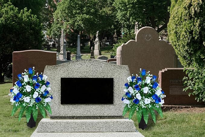 LVXINLI Artificial Cemetery Flowers, Gravesite Decoration Roses, Memorial Bouquets with Cemetery Vase, Vibrant and Long-Lasting Colors (Dark Blue+White, 2 Bundles)