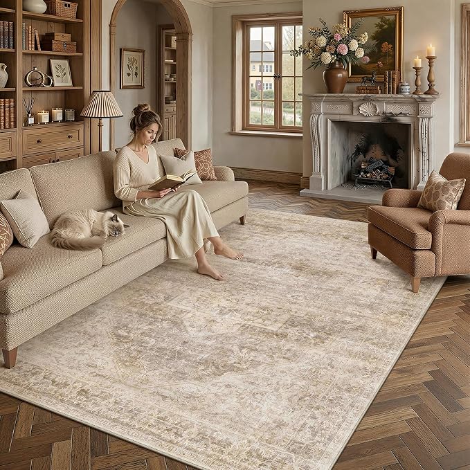 8x10 Washable Neutral Area Rug Beige Vintage Living Room Bedroom Carpet Non-Slip Soft Low Pile Oriental Indoor Large Throw Rug for Dining Room Office