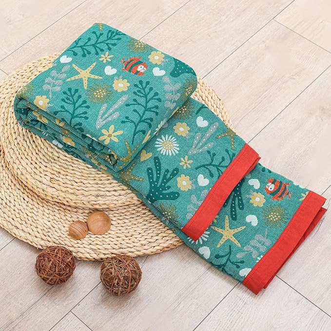 Boho Throw Blanket, 100% Organic Cotton Skin-Friendly Breathable Ultra Soft Bed Quilt Throw - All Season Blue & Red FishFarmhouse Decor Blanket for Sofa Couch Chair and Gift. 60" x 80"
