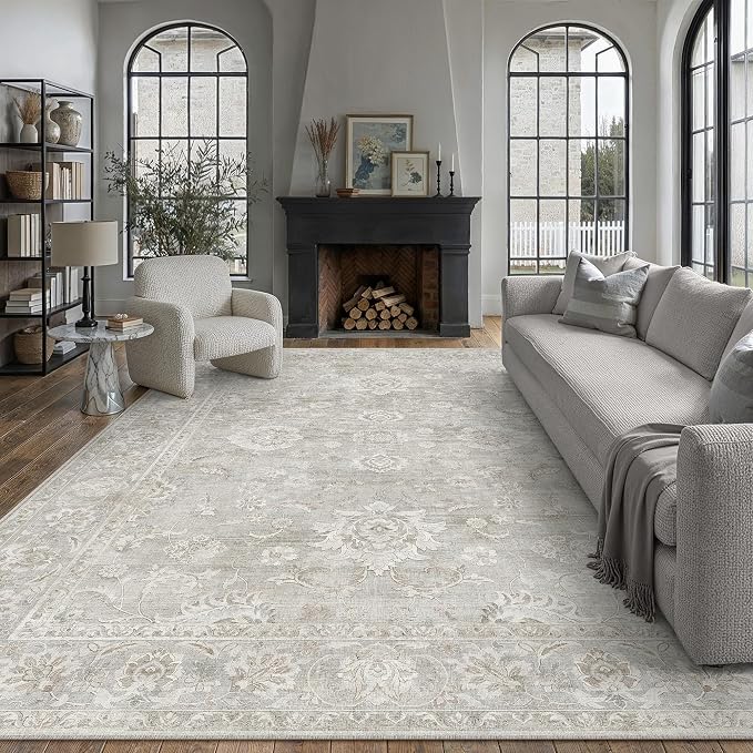 8x10 Grey Washable Area Rug for Living Room Bedroom Neutral Floral Soft Non Slip Rug Low Pile Distressed Carpet for Dining Room Nursery Office Indoor