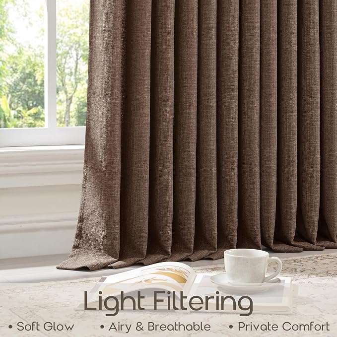 Dark Brown Linen Curtains 96 Inches Long Pinch Pleated Chocolate Brown Vintage Memory Shaped Privacy Drapes with Back Tab Rings Retro Curtains for Living Room Bedroom 96 Inch Length 2 Panels