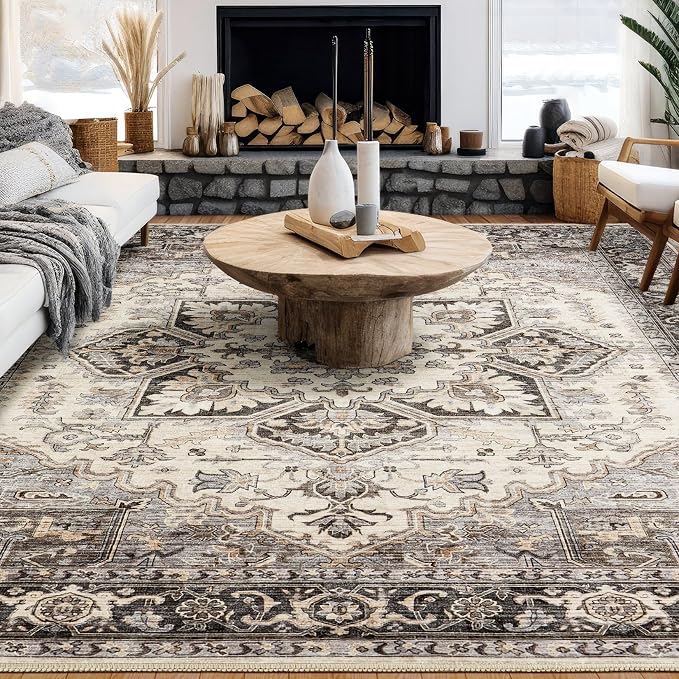 Area Rug for Living Room - 10x14 Soft Machine Washable Oriental Vintage Floral Distressed Large Indoor Floor Carpet for Bedroom Under Dining Table Home Office Decor - Grey Brown