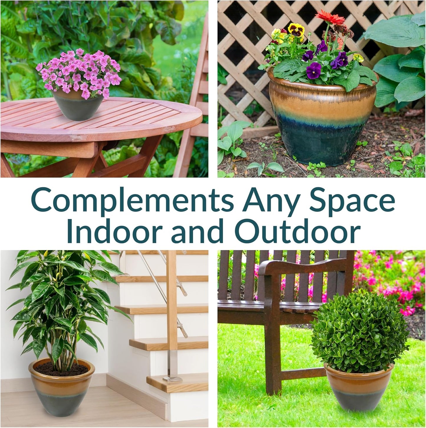 Sunnydaze Chalet Large Ceramic Plant Pot - Round Outdoor Glazed Ceramic Planter Pot with Drainage - Forest Lake Green - 14.5"