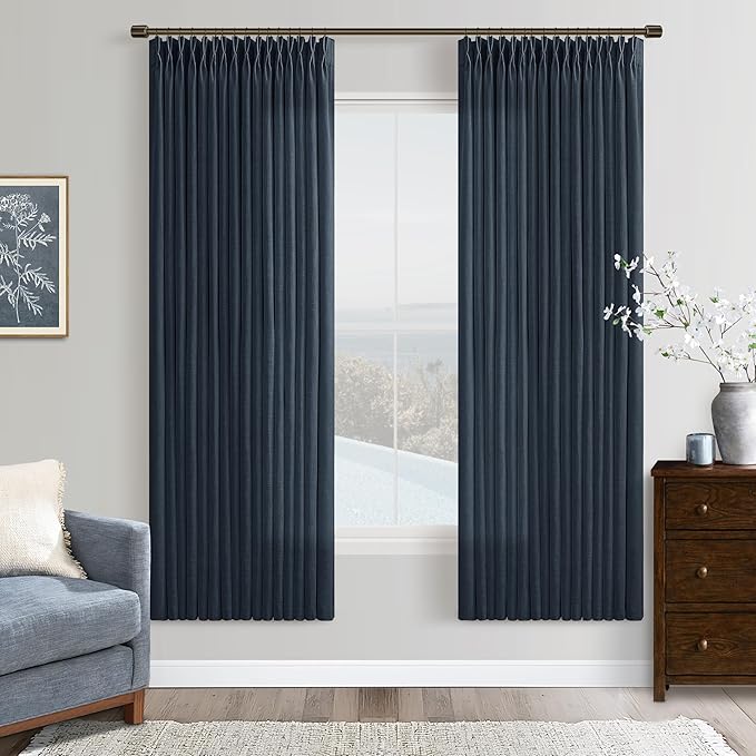 Navy Linen Curtains 72 Inches Long 2 Panels Set for Living Room Bedroom Pinch Pleated Back Tab Drapes Neutral Modern Farmhouse Semi Sheer 72 Inch Curtains for Dining Room Window Cabin Dark Blue