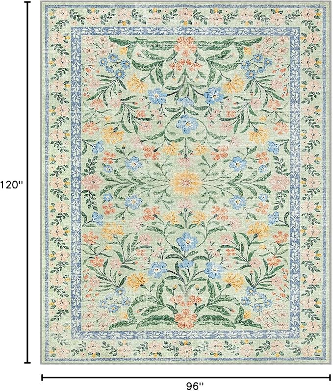 Wonnitar Boho Washable Rugs 8x10, Large Floral Rugs for Bedroom, 8 x 10 Soft Green Living Room Carpet, Non Slip Ultra-Thin Carpet for Kids Playroom Dorm Dining Room