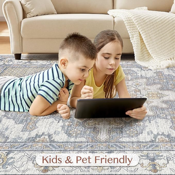 Tortania Area Rug Living Room Rugs - 8x10 Washable Boho Rug Vintage Oriental Distressed Farmhouse Large Thin Indoor Carpet for Living Room Bedroom Under Dining Table Home Office - Blue Beige