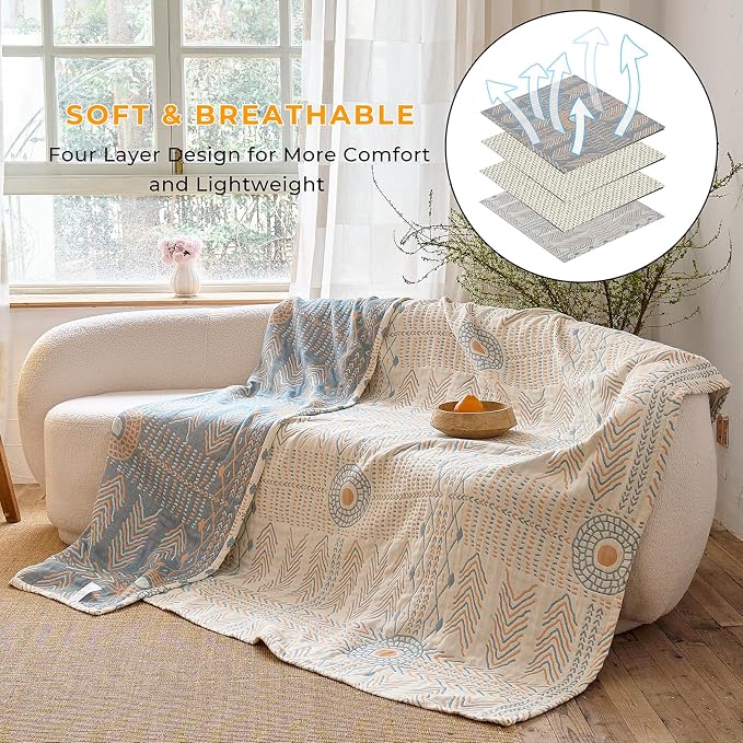 Large Boho Throw Blanket,90"x98" Double-Sided Soft Cotton Quilt,4-Layer Gauze Muslin Blankets for Adults,Unique Geometric Bedspread Home Decor,Breathable Summer Blanket, Blue/Beige