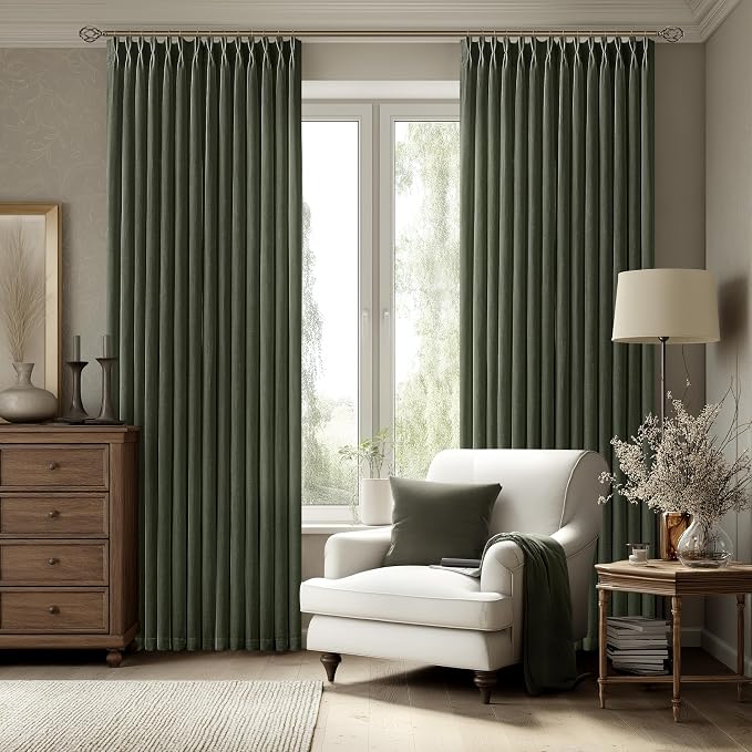 Pinch Pleated Linen Rifle Green Curtains 120 Inches Long for Living Dining Room Hooks Rings Back Tab Pinch Pleat Drapes Extra Long Light Filtering Semi Sheer 120 Inch Olive Curtains for Bedroom 10FT