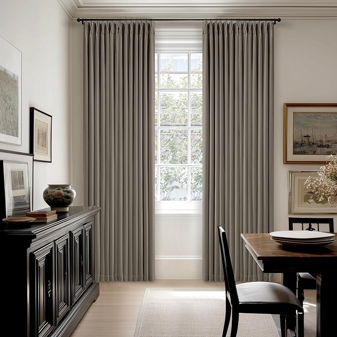 Taupe Pleated Linen Blackout Curtains 84 Inches Long for Bedroom Living Room Pinch Pleat Black Out Thermal Insulated Ring Hooks Back Tab Room Darkening Drape Brownish Gray 84 Inch Curtains with Liner