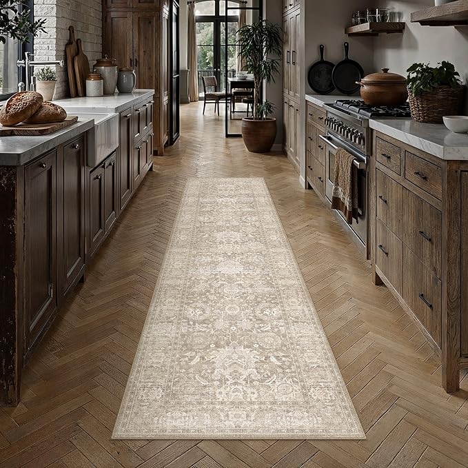 HUGEAR Hallway Runner Rugs 3x8 Beige Washable Rug Neutral Vintage Rug Carpet Distressed Soft Durable Non Slip No Shedding for Indoor Bedroom Kitchen Dining Nursery Laundry