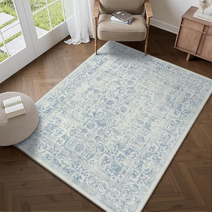 PureCozy Blue Area Rug 3x5 Office Entryway Rug Machine Washable Kitchen Vintage Distressed Non Slip Carpet Indoor Retro Floral Accent Throw Door Mat for Bathroom Bedroom Dining Living Room