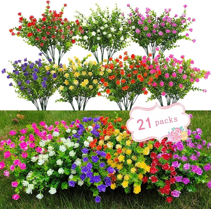 WEAUSUP 21 Bundles Outdoor Faux Plants UV Resistant Faux Bushes Plastic Artificial Flowers Fake Outdoor Plants for Home Garden Decor (7 Colors)