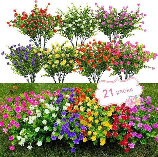 WEAUSUP 21 Bundles Outdoor Faux Plants UV Resistant Faux Bushes Plastic Artificial Flowers Fake Outdoor Plants for Home Garden Decor (7 Colors)