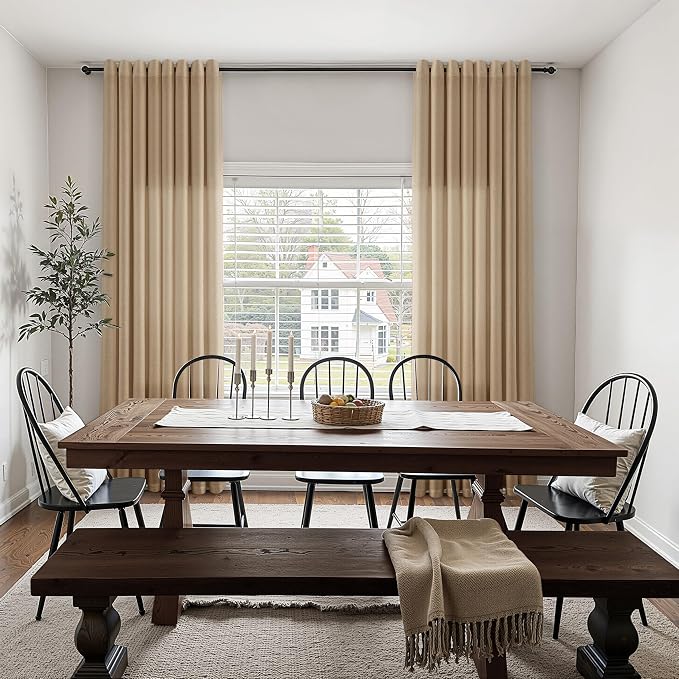 Sand Beige Linen Curtains 84 Inches Long for Living Room Grommet Top Design Light Filtering Breathable Sheer Curtain Modern Farmhouse Semi Sheer Privacy Drapes for Bedroom Dining Room 52X84, 2 Panel