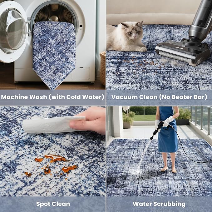 10x14 Area Rugs for Living Room Washable Rug: Anti-Skid Abstract Modern Living Room Rug Soft Thin Carpets Indoor Floor Non-Shedding Carpet for Bedroom Dining Farmhouse Nursery Navy Light Gray