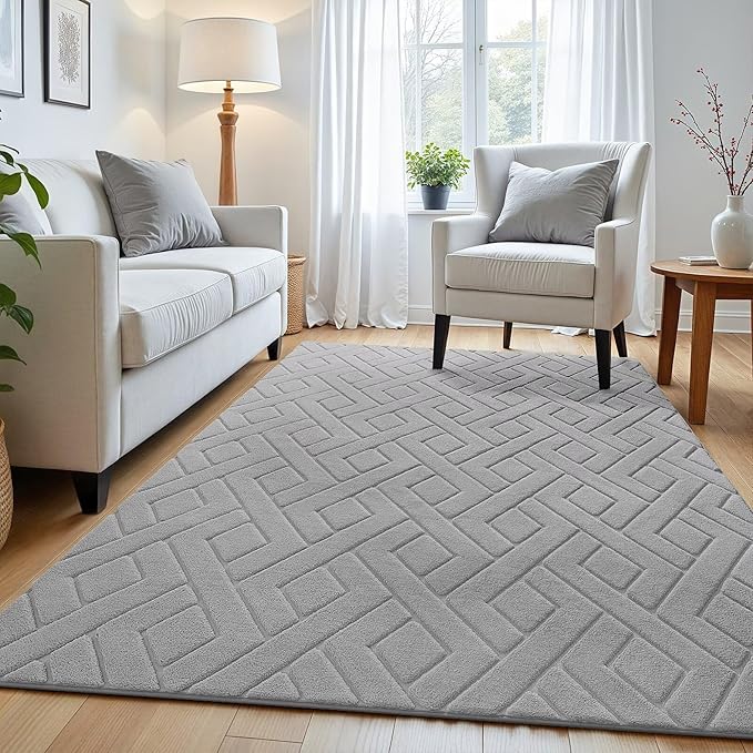Macgace Ultra Soft Grey Area Rug for Bedroom, 3x5 Modern Geometric Shag Rugs with Nonslip Backing for Living Room, Washable Fuzzy Carpet for Cozy Kids Room Nursery