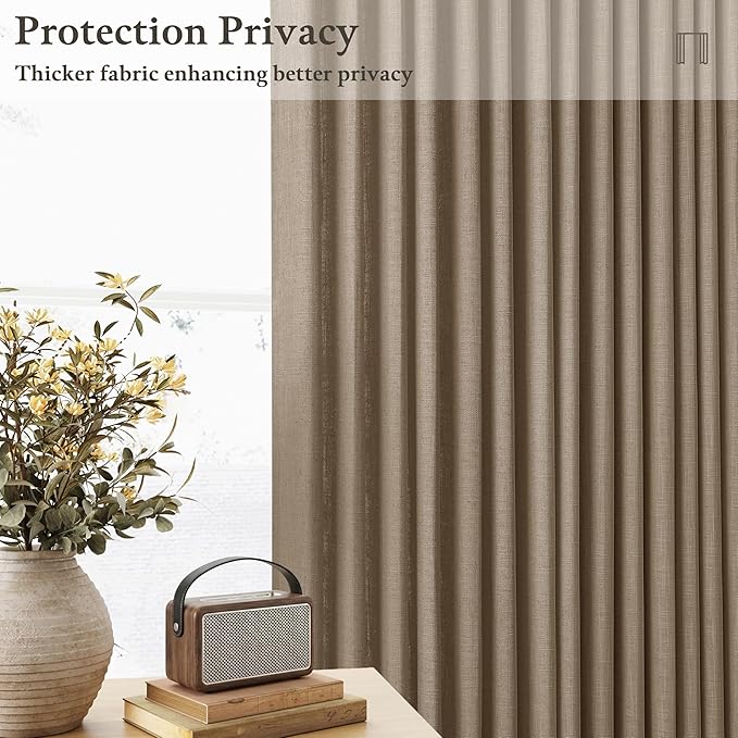 Latte Pinch Pleated Linen Curtains 102 Inch Length 2 Panels Set Rustic Light Brown Light Filtering Privacy Pleat Curtain for Living Room Bedroom Sliding Door Back Tab Flax Linen Drapes 102 Inches