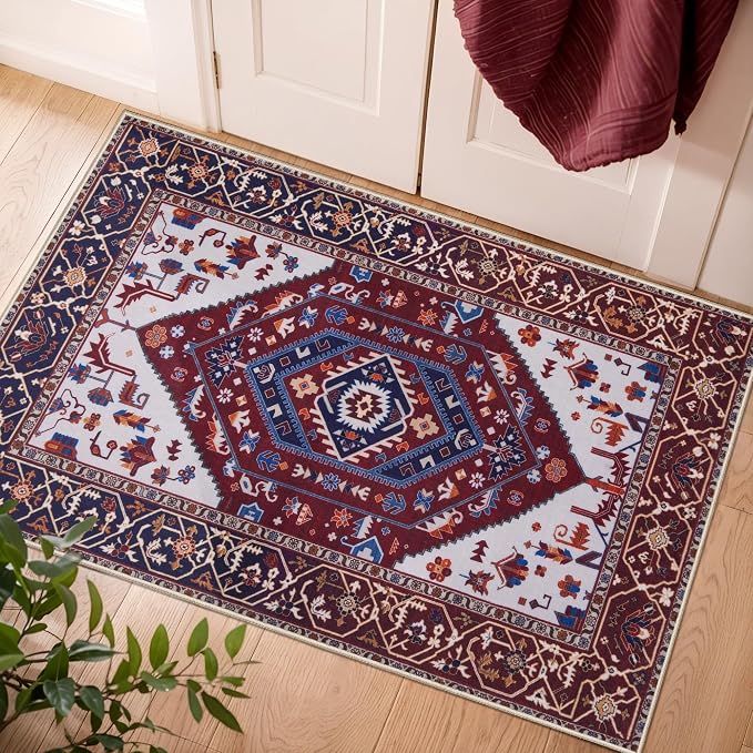 SERISSA Boho Rugs for Entryway, 2x3 Washable Non-Slip Rug Small Area Rug, Ultra Soft Oriental Vintage Burgundy Navy Low-Pile Indoor Door Mat Floor Carpet for Entrance Bedroom Kitchen Bathroom