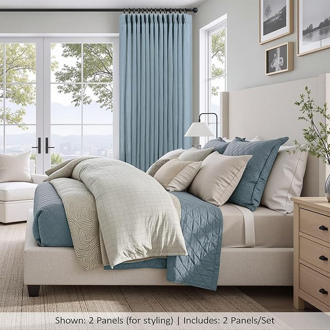 Blue Gray Curtains 63 Inch Length for Boys Bedroom 2 Panels Pinch Pleated Back Tab Semi Sheer Linen Light Filtering Dusty Blue Curtain for Kids Room Teen Toddler Baby Nursery Stone Blue Grey Greyish