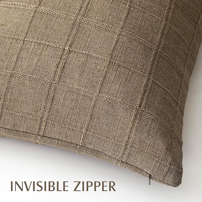 Foindtower Set of 2 Decorative Linen Check Throw Pillow Covers Neutral Farmhouse Vintage Cushion Covers Modern Boho Home Decor for Sofa Chair Couch Bedroom Living Room,26×26 Inch,Light Brown